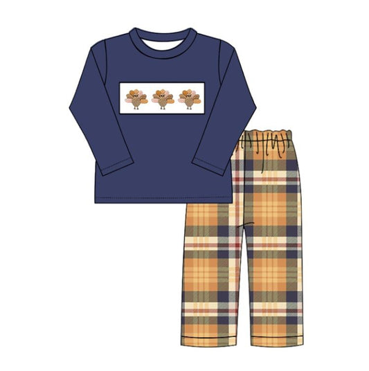 Gingham Blue Boys Long Sleeved Pants Set