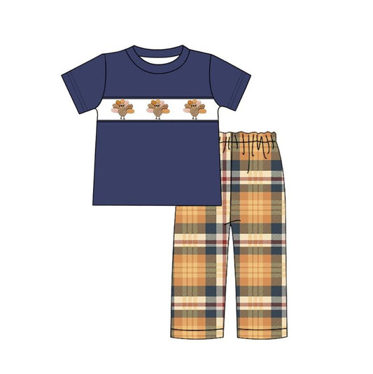Gingham Blue Boys Short Sleeved Pants Set